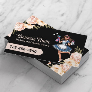 House Cleaning Service Cute Cartoon Maid Black Business Card