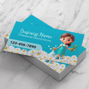 House Cleaning Service Daisy Flowers Teal Maid Business Card