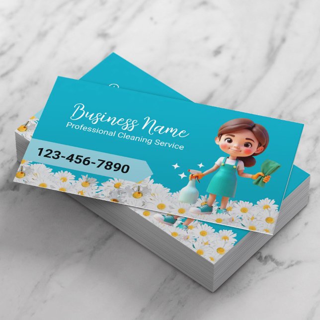 House Cleaning Service Daisy Flowers Teal Maid Business Card (Creator Uploaded)