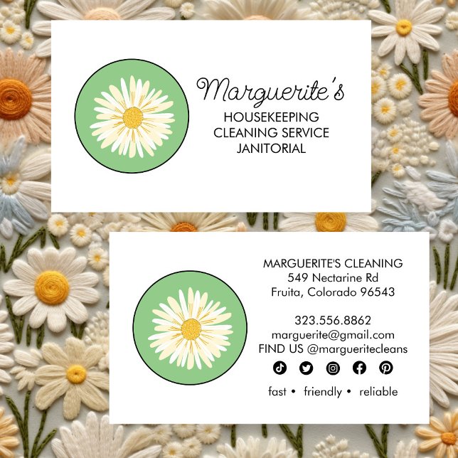 House Cleaning Service Daisy Logo Social Icons  Business Card (House Cleaning Service Daisy Logo Social Icons Business Card
)