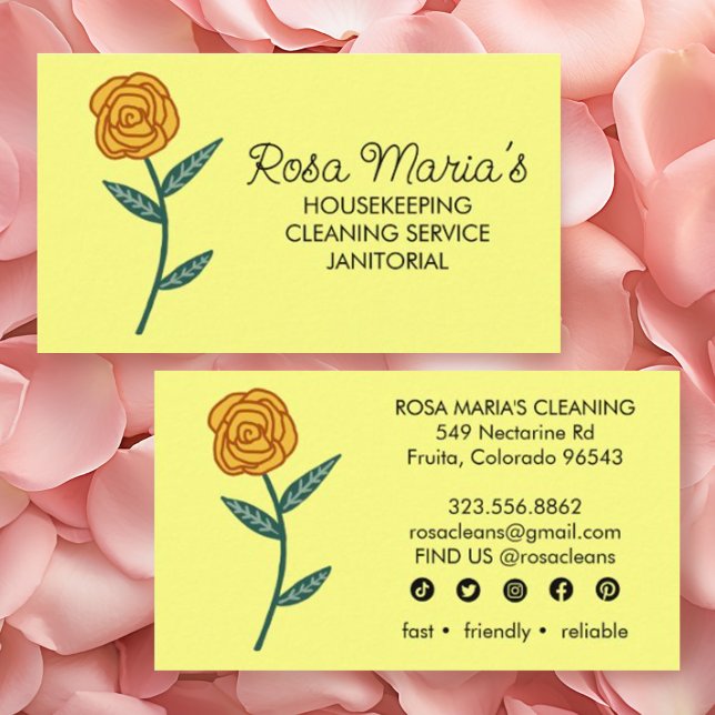 House Cleaning Service Gold Rose Logo Social Icons Business Card (Custom cleaning business cards with rose design and social media icons in yellow)