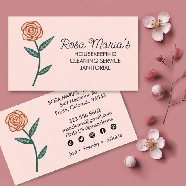 House Cleaning Service Gold Rose Logo Social Icons Business Card (Cute custom rose illustrated business cards with social media icons. Edit to add your own text.)