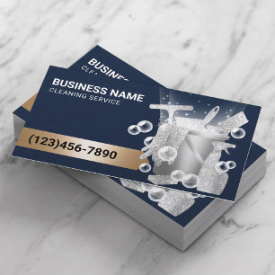 House Cleaning Service Modern Navy Blue & Silver Business Card