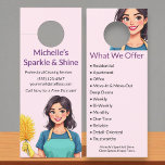 House Cleaning Service Modern Woman Pink  Door Hanger<br><div class="desc">Make a polished first impression with this double-sided cleaning service door hanger in soft pink. Featuring a cheerful character and clear service list,  it's perfect for in-person marketing that builds trust and brand recognition instantly.</div>