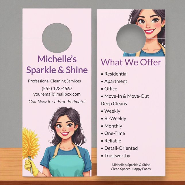 House Cleaning Service Modern Woman Pink  Door Hanger (Creator Uploaded)