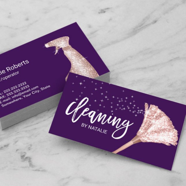 House Cleaning Service Rose Gold Duster Purple Business Card (Creator Uploaded)