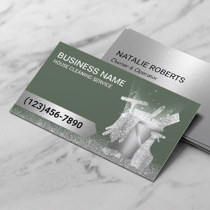 House Cleaning Service Sage Green Silver Glitter  Business Card
