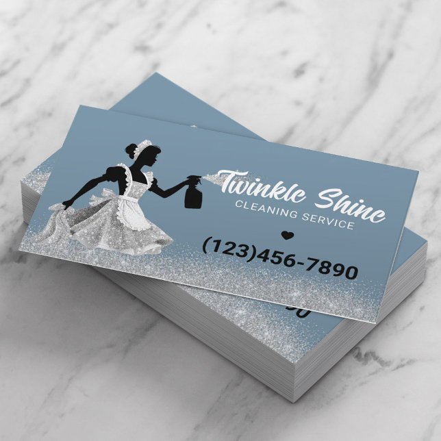 House Cleaning Service Silver Maid Dusty Blue Business Card (Creator Uploaded)
