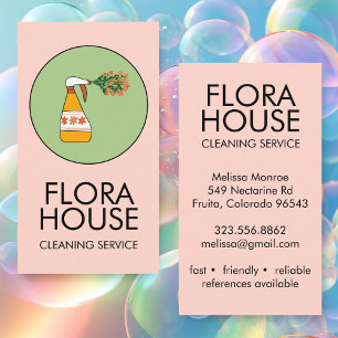 House Cleaning Service Spray Bottle Floral Logo Business Card