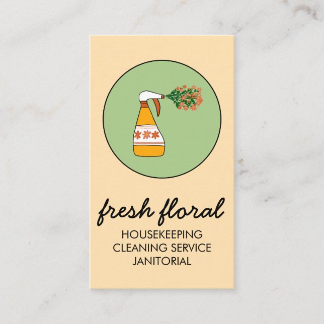 House Cleaning Service Spray Bottle Floral Logo  Business Card (Front)