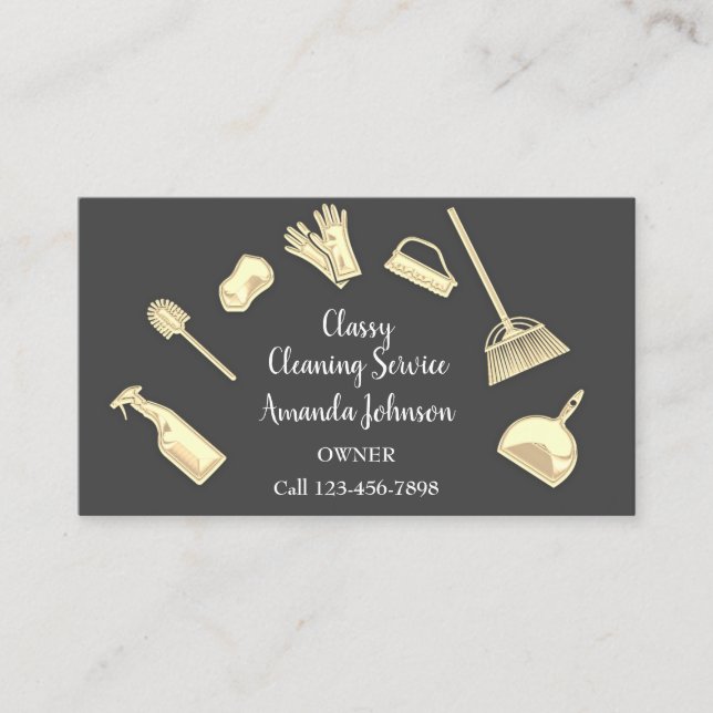 House Cleaning Services Gold Logo Maid Office Grey Business Card (Front)
