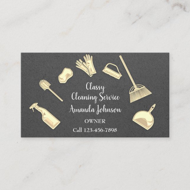 House Cleaning Services Gold Logo Maid Office Kraf Business Card (Front)
