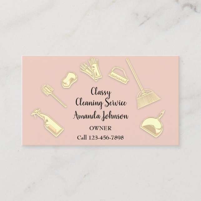 House Cleaning Services Gold Logo Maid Rose Business Card (Front)