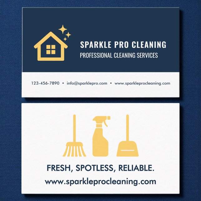 House Cleaning Services Logo Navy Blue & Gold  Business Card (Creator Uploaded)