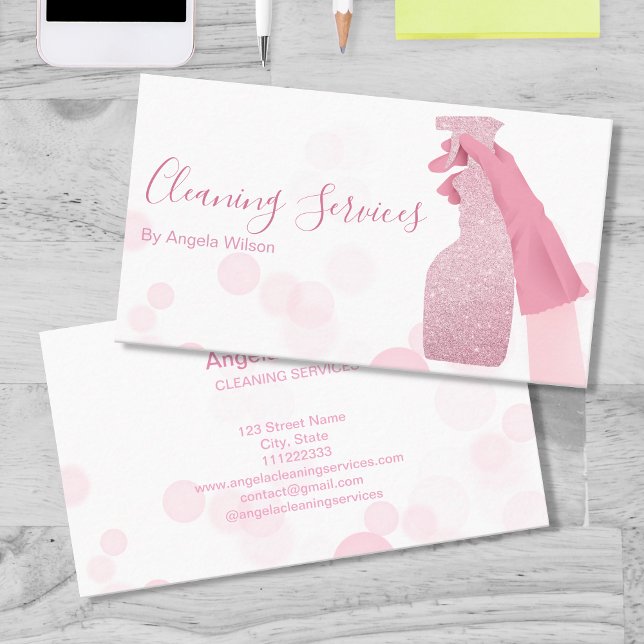 House Cleaning Services Maid Glitter Bubbles Pink Business Card (Creator Uploaded)