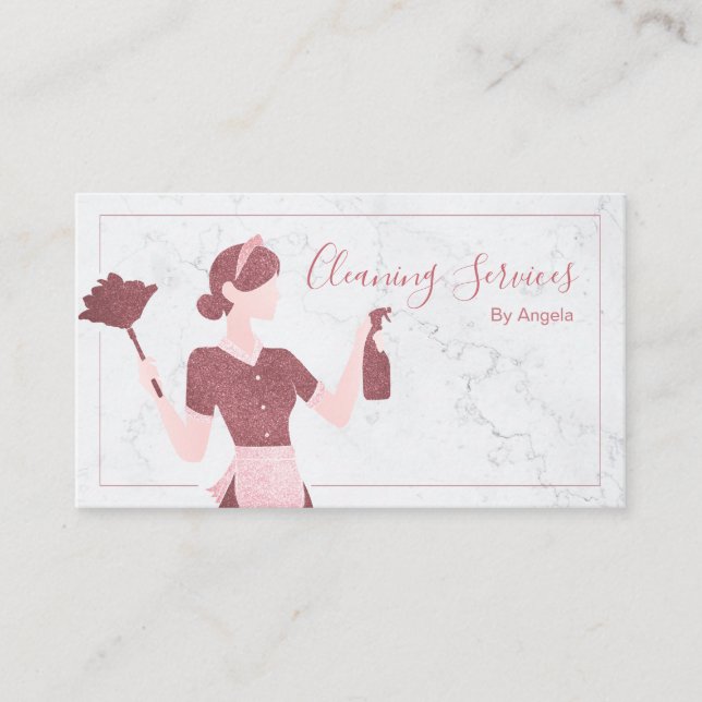 House Cleaning Services Maid Marble Rose Gold Chic Business Card (Front)