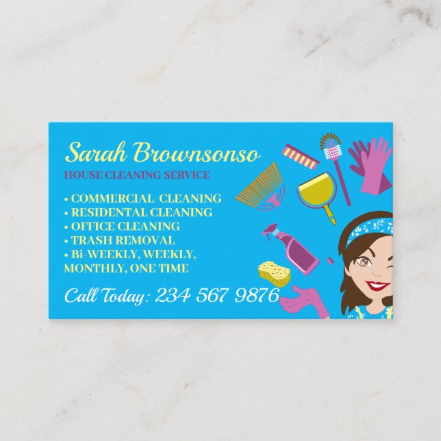 House Cleaning Wash Janitorial Lady Cartoon Girl Business Card (Front)