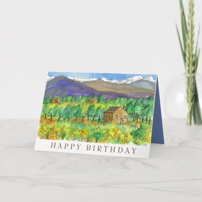 House Desert Mountains Watercolor Happy Birthday Card (Front)