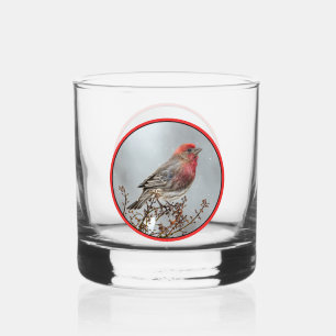 House Finch in Snow - Original Photograph Whiskey Glass