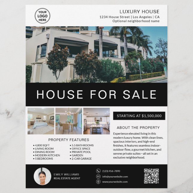 House for Sale Real Estate Broker Custom Logo QR Flyer (Front)
