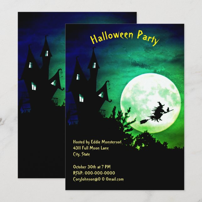 House, Full Moon, Witch, Green Sky Halloween Party Invitation (Front/Back)