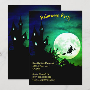 House, Full Moon, Witch, Green Sky Halloween Party Invitation