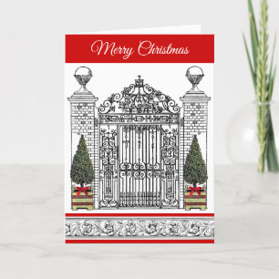 House Gate Door Scene Elegant Merry Christmas Tree Card