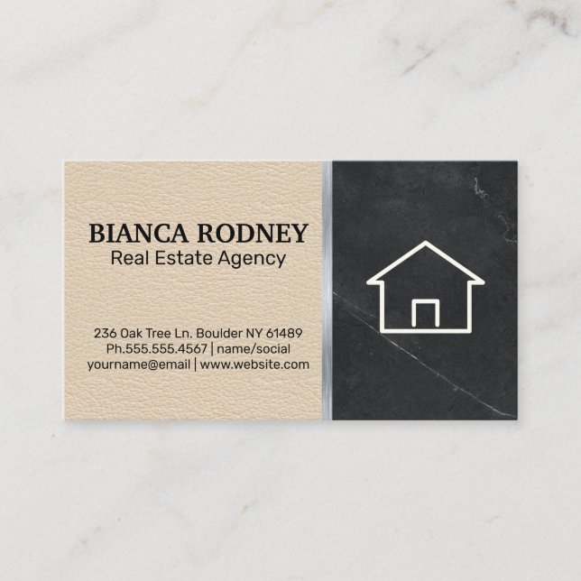 House Icon | Black Marble | Leather Background Business Card (Front)