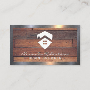 House Icon   Wooden Boards   Metal Border Business Card