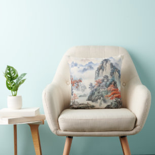 House in Mountains Chinese Art Cushion