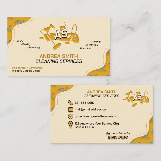 House Keeping Cleaning Commercial Services Yellow  Business Card (Front/Back)