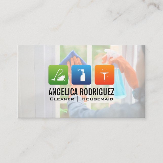 House Keeping Icons | Woman Cleaning Window Business Card (Front)