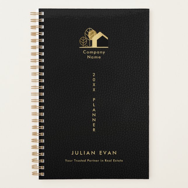 House Logo Black and Gold Non Dated Faux Leather Planner (Front)