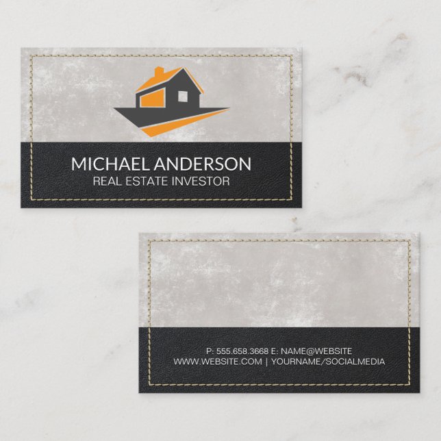 House Logo | Leather Texture Stitched Border Business Card (Front/Back)
