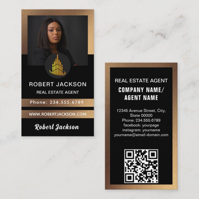 House Logo Real Estate Black & Gold Realtor Photo  Business Card (Front/Back)