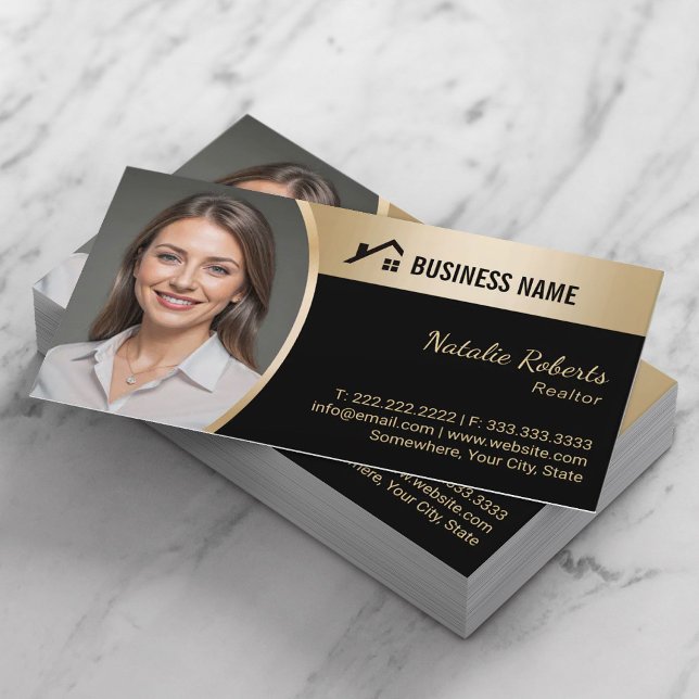 House Logo Real Estate Black & Gold Realtor Photo Business Card (Creator Uploaded)