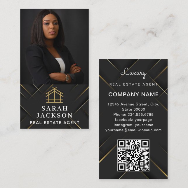 House Logo Real Estate Black & Gold Realtor Photo  Business Card (Front/Back)