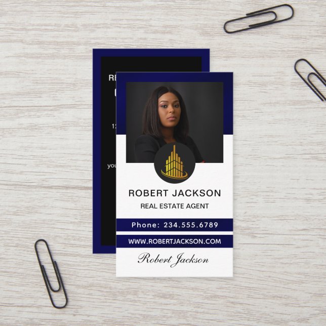 House Logo Real Estate Blue & Gold Realtor Photo Business Card (Front/Back In Situ)