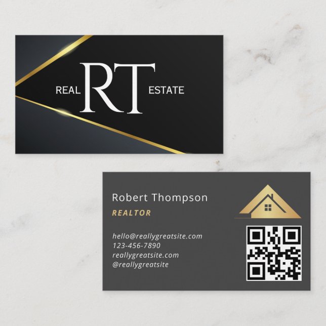 House Logo Real Estate Navy & Gold Realtor QR Code Business Card (Front/Back)