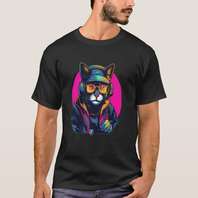 House Music Lover Cyberpunk Cat DJ Music Festival T-Shirt (Front)