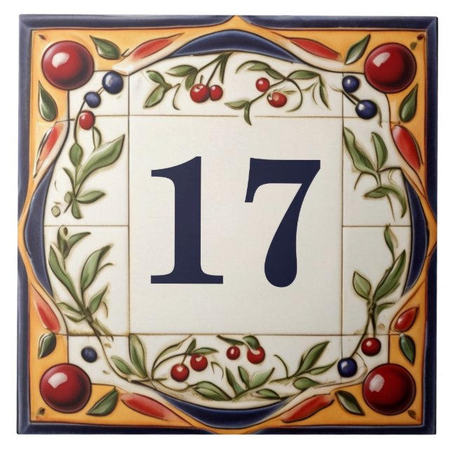 House Number Plaque Sign Red Cherry Art Custom No. Tile (Front)