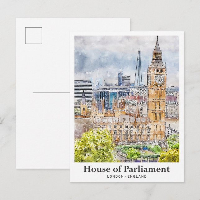 House of Parliament London Watercolor Hand Drawn Postcard (Front/Back)