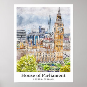 House of Parliament London Watercolor Hand Drawn Poster