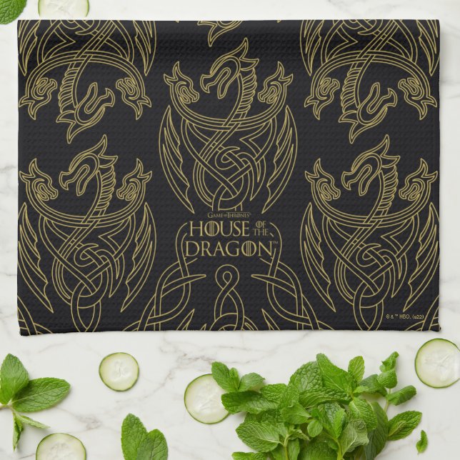HOUSE OF THE DRAGON | Gold Filigree Dragon Pattern Tea Towel (Folded)
