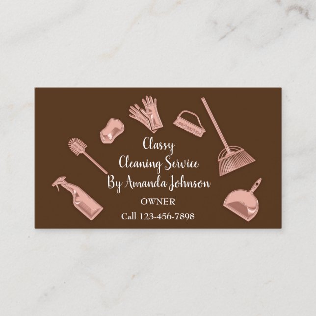 House Office Cleaning Service Gold Logo Maid Brown Business Card (Front)