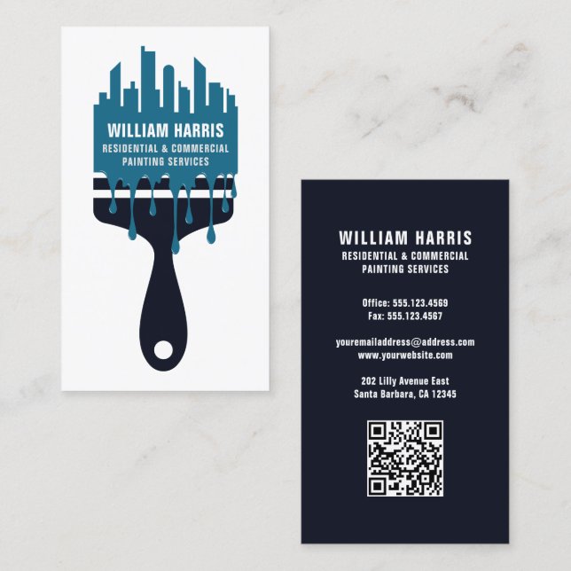 House Painter Navy & Blue QR Code  Business Card (Front/Back)