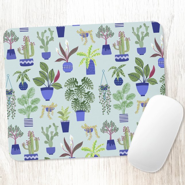 House Plant Cactus Succulent Blue Mouse Mat (Houseplant cactus and succulent pattern modern plant themed mouse mat)