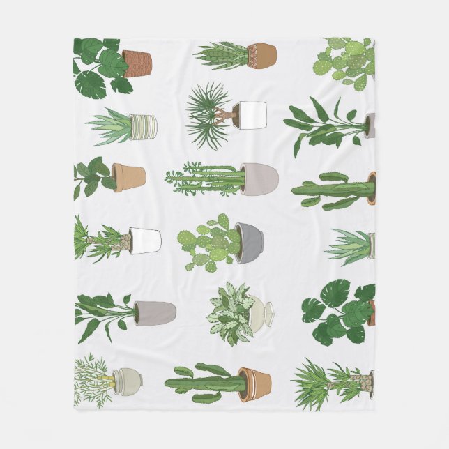 House plants, vintage doodle pattern fleece blanket (Front)