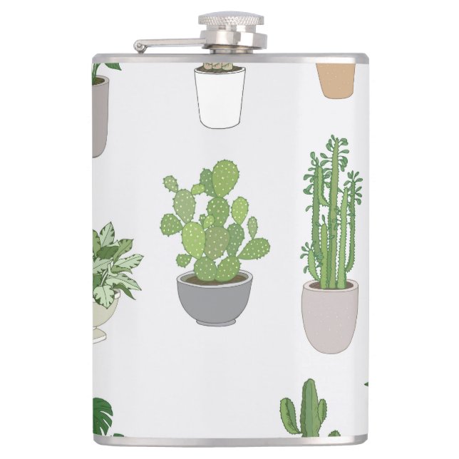 House plants, vintage doodle pattern hip flask (Front)