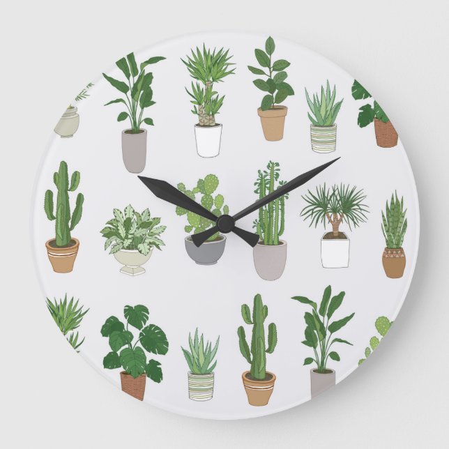 House plants, vintage doodle pattern large clock (Front)